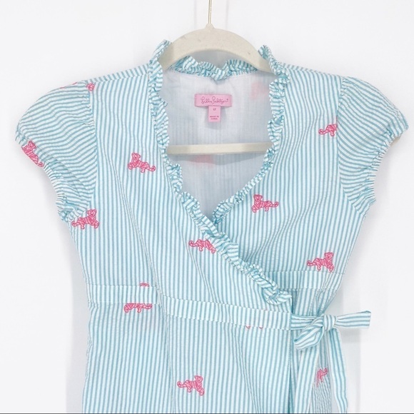 LILLY PULITZER BLUE SEERSUCKER STRIPED DRESS WITH TIGERS - Picture 4 of 9